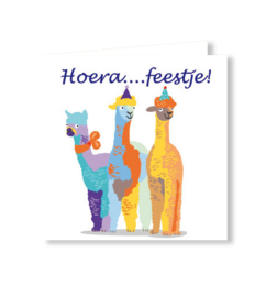  Colorful birthday card with playful alpacas, festive party animals, "Hoera...feestje!" text, cheerful celebration design.