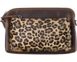Arrigo Cognac Colored Dames CrossBody Tas/Clutch med Luiopard Direer Print in Learning