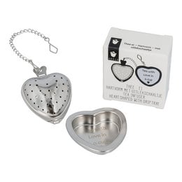 Heart-shaped tea strainer with drip tray, made of stainless steel with a polka dot pattern. Suitable for loose leaf tea.