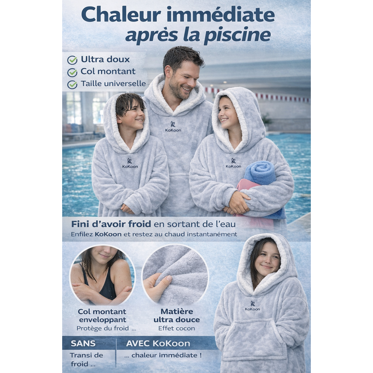 KoKoon hooded sports poncho - swimming pool exit - immediate warmth after swimming - ultra soft - ideal for aquatic centers, aqua-hiking - universal size