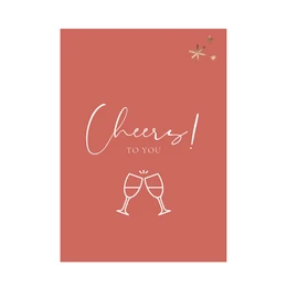 A festive birthday or celebration greeting card with the text "Cheers!" and two champagne glasses against a coral background with a star design.