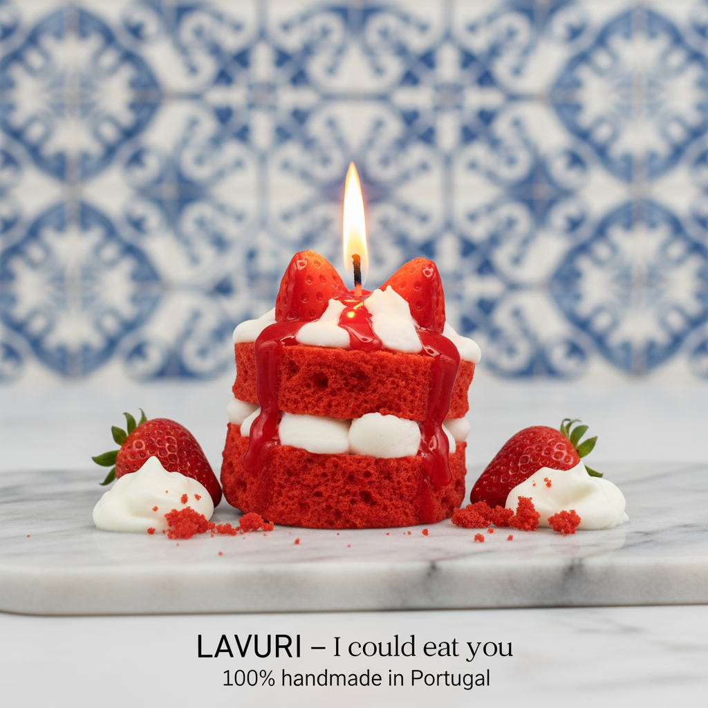 LAVURI® RED Velvet Strawberry cake with whipped cream and fruit as a topping on a red, fluffy cake base – a gourmet dessert candle made from 100% soy wax