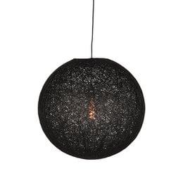 Black spherical pendant lamp, textured woven design, modern hanging light fixture, round globe shade.