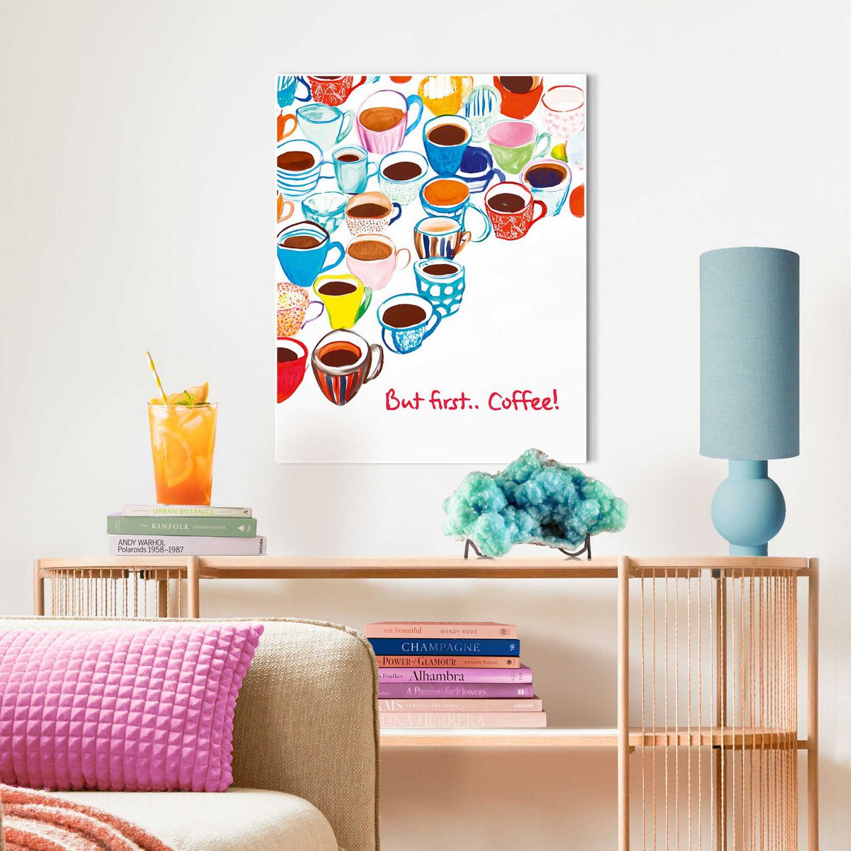 Schilderij Slim Frame But First...Coffee! 50x40