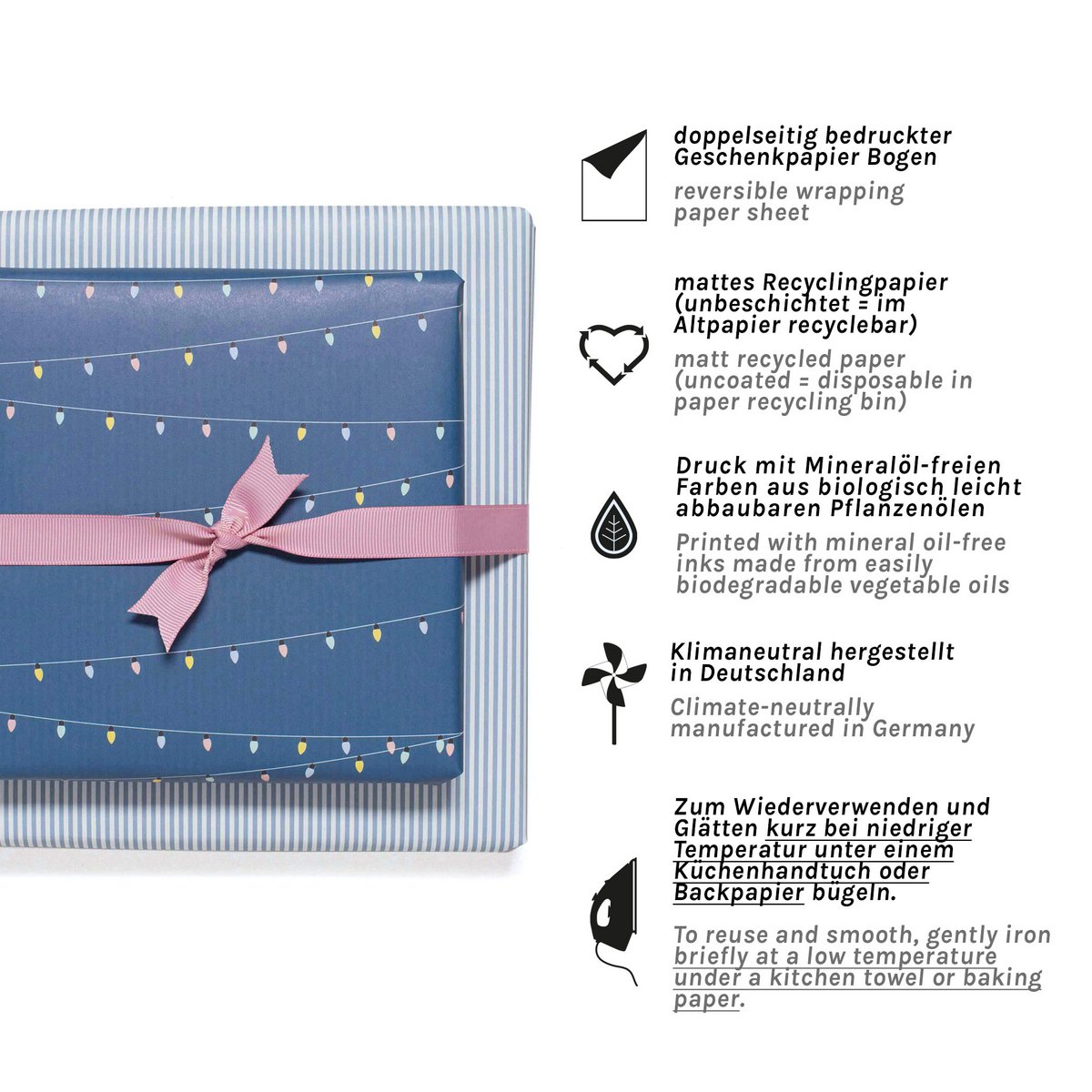 Blaues Geschenkpapier mit Lichterketten und Streifen, Geburtstags Geschenkpapier mit Partylichtern für Kinder und Erwachsene