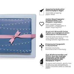 Blaues Geschenkpapier mit Lichterketten und Streifen, Geburtstags Geschenkpapier mit Partylichtern für Kinder und Erwachsene