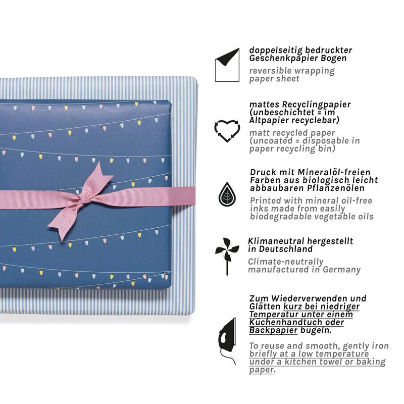 Blaues Geschenkpapier mit Lichterketten und Streifen, Geburtstags Geschenkpapier mit Partylichtern für Kinder und Erwachsene