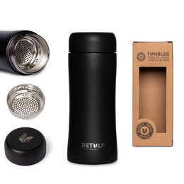 Black insulated double-wall tumbler mug, 300 ml capacity, made of stainless steel with a sleek, minimalist design.