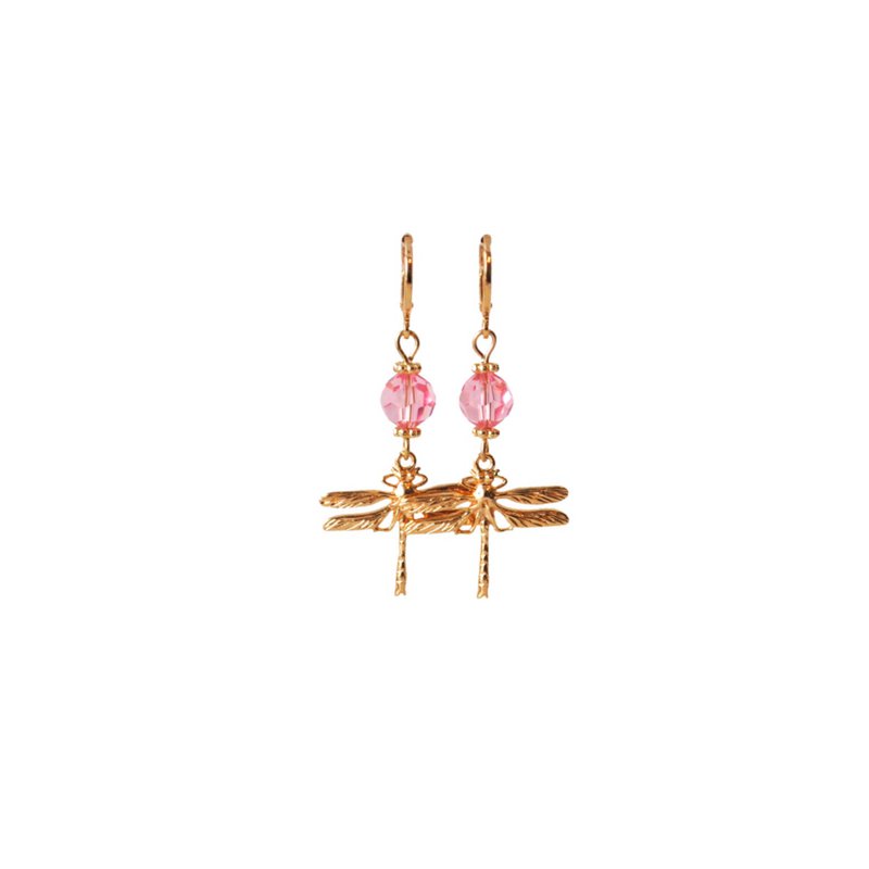 Oorbellen met libelle 24K goldplated en swarovski crystal roze
