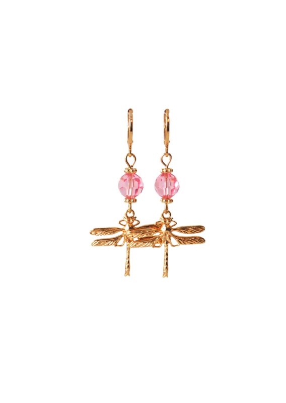Oorbellen met libelle 24K goldplated en swarovski crystal roze