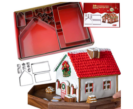 A 10-piece set of cookie cutters in the shape of a gingerbread house, perfect for baking festive Christmas cookies. Includes various shapes and sizes to create a detailed gingerbread house design.