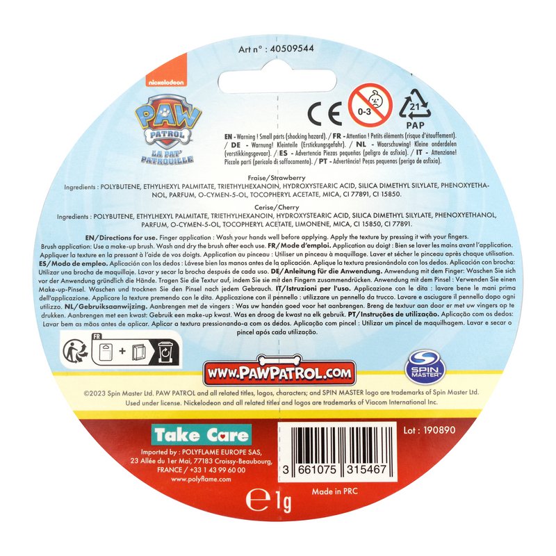 Paw Patrol, Set mit 2 Lippenbalsamen, Lippenpflege, parfümiert, Geschmacksrichtungen, Kirsche, Erdbeere, Feuchtigkeitsversorgung, Kinder, Vegan, 1 g, TAKE CARE