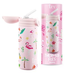 'A pink and white thermos flask with a flamingo and tropical pattern design. The product is described as a 350ml kids bottle, suitable for use as a thermos flask, drinking bottle, water bottle, school bottle, or vacuum flask. It is presented in a gift box.'

The key details I can provide based on the product image and title are:

- Color: Pink, white
- Material: Likely plastic or stainless steel
- Style: Tropical/flamingo pattern
- Shape: Cylindrical thermos/bottle shape
- Capacity: 350ml
- Use case: Kids bottle, thermos flask, drinking bottle, water bottle, school bottle, vacuum flask
- Includes: Gift box

This description covers the relevant details about the product's colors, materials, style, shape, capacity, and intended use, which should be sufficient for a semantic search on a product like this.
