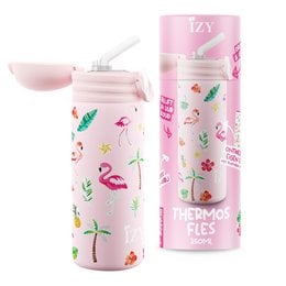'A pink and white thermos flask with a flamingo and tropical pattern design. The product is described as a 350ml kids bottle, suitable for use as a thermos flask, drinking bottle, water bottle, school bottle, or vacuum flask. It is presented in a gift box.'
The key details I can provide based on the product image and title are:
- Color: Pink, white
- Material: Likely plastic or stainless steel
- Style: Tropical/flamingo pattern
- Shape: Cylindrical thermos/bottle shape
- Capacity: 350ml
- Use case: Kids bottle, thermos flask, drinking bottle, water bottle, school bottle, vacuum flask
- Includes: Gift box
This description covers the relevant details about the product's colors, materials, style, shape, capacity, and intended use, which should be sufficient for a semantic search on a product like this.
