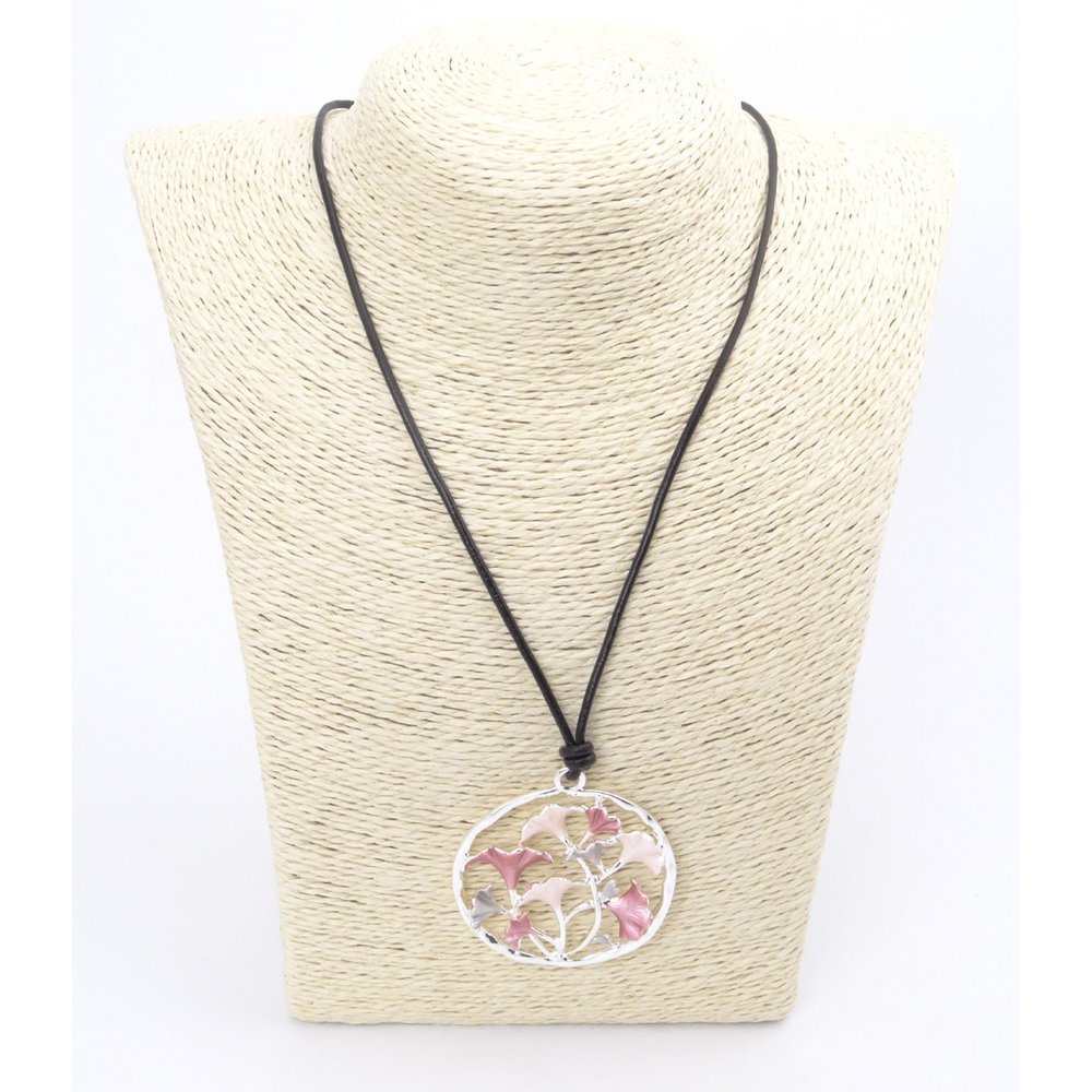 Black real leather necklace with metal pendant