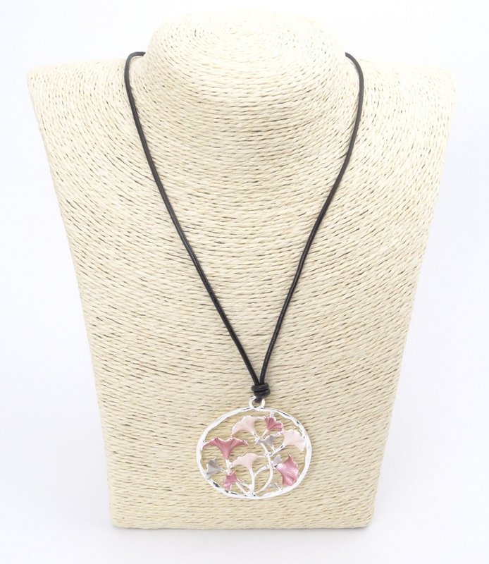 Black real leather necklace with metal pendant