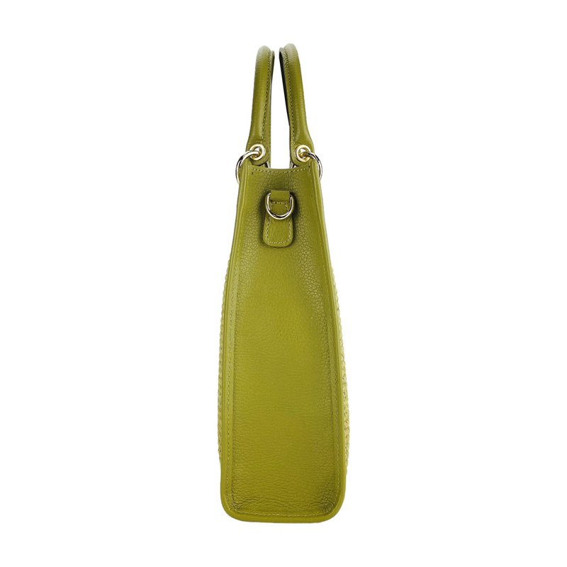 RB1026CM | Verticale dameshandtas van echt leer en stro, gemaakt in Italië. Afneembare en verstelbare lederen schouderband. Accessoires van gepolijst goud - Pistachekleur - Afmetingen: 24 x 29 x 9 cm