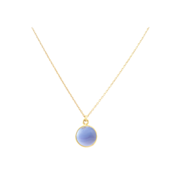 Blue chalcedony pendant necklace with a round, smooth gemstone on a delicate gold chain.