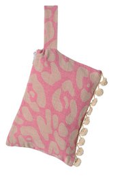 A clutch bag in a vibrant blue, turquoise, and beige color scheme with a patterned design and decorative pom-poms along the edges.