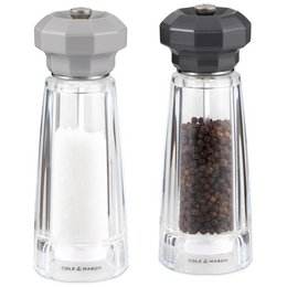 Lowestoft Pepper and Salt Mill Set, 17cm, clear glass with stainless steel accents, suitable for salt and pepper seasoning.