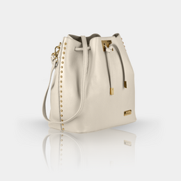 Cream-colored leather shoulder bag with gold-tone hardware and drawstring closure. Features a structured silhouette and a detachable strap for versatile wear.