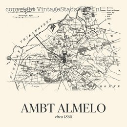 Vintage-style poster of Ambt Almelo, featuring a detailed map with a classic, antique aesthetic. The poster showcases the town's layout and geography in a visually appealing, retro-inspired design.