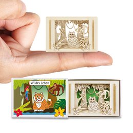 Wooden box with wildlife silhouette design, featuring a fox, owl, and other forest animals in a nature-inspired scene.