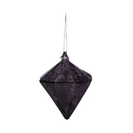 Purple diamond-shaped pendant, geometric faceted design, dark purple color, pointed elongated form, elegant jewelry accessory.