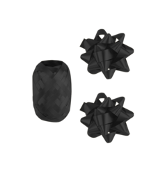 Black set of gift accessories including a ribbon and bow decorations.
