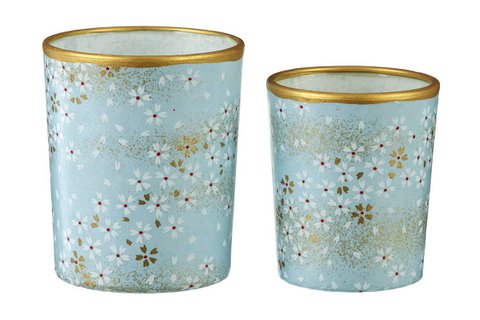 Medium Tealight Holder Made of Glass & Chiyogami Paper | Blue wind | Hand made