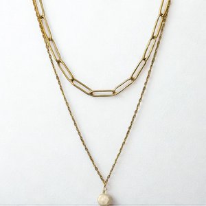 Double Layered Chain Necklace w Freshwater Pearl