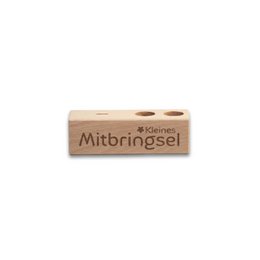  "Wooden spice rack holder, natural wood color, rectangular shape, text 'Mitbringsel', small gift set"
