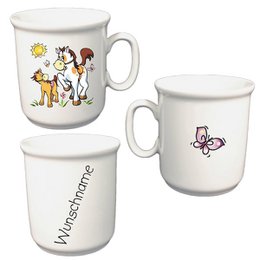  A ceramic mug featuring colorful illustrations of horses. The mug is suitable for children and can be personalized with a name.