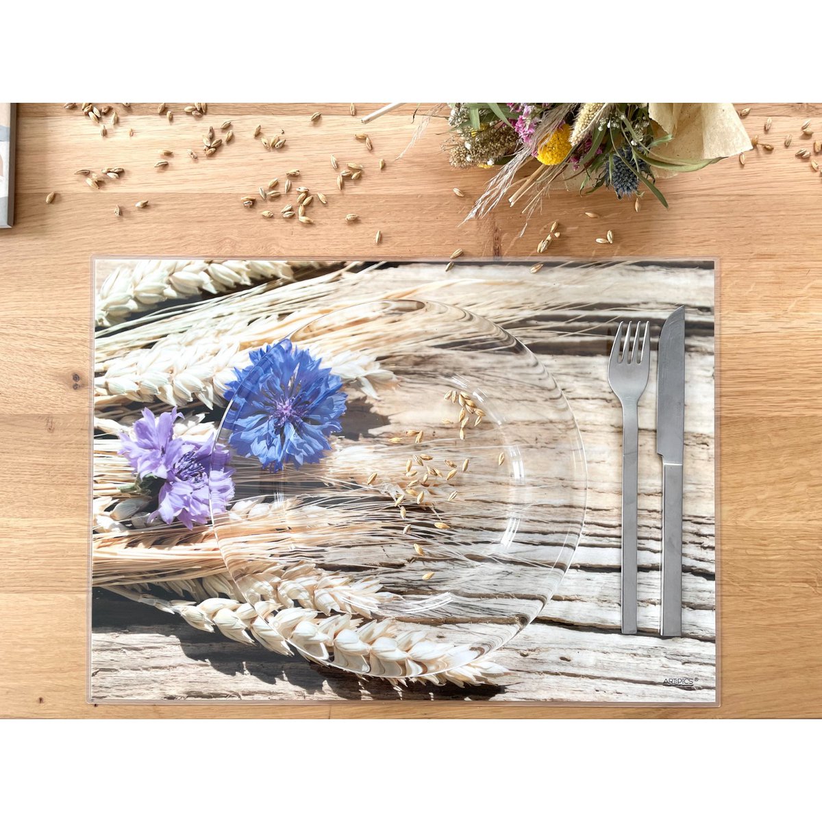 Artipics manteles individuales manteles individuales, 4 piezas, acianos lavables sobre madera flotante, manteles individuales de plástico, 42x30 cm, acianos con mazorcas de maíz, motivo de verano, decoración de mesa natural, estilo rústico