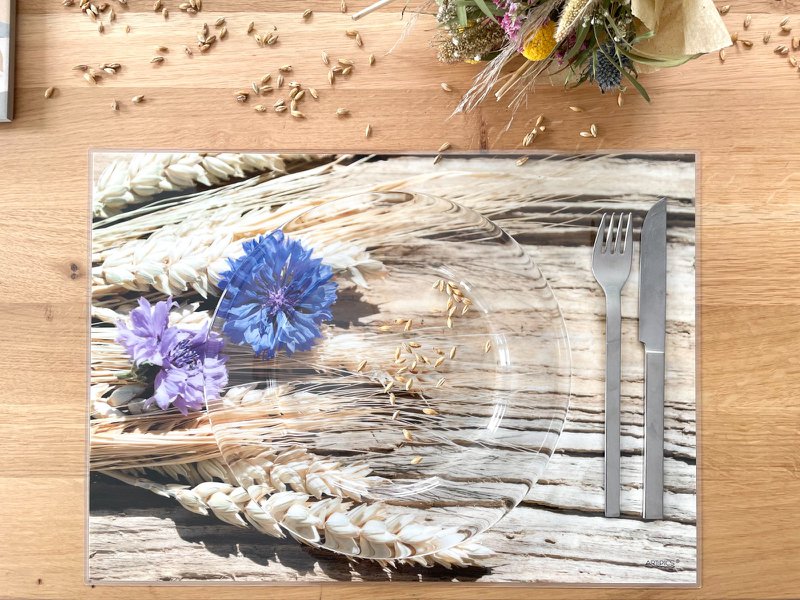 Artipics manteles individuales manteles individuales, 4 piezas, acianos lavables sobre madera flotante, manteles individuales de plástico, 42x30 cm, acianos con mazorcas de maíz, motivo de verano, decoración de mesa natural, estilo rústico
