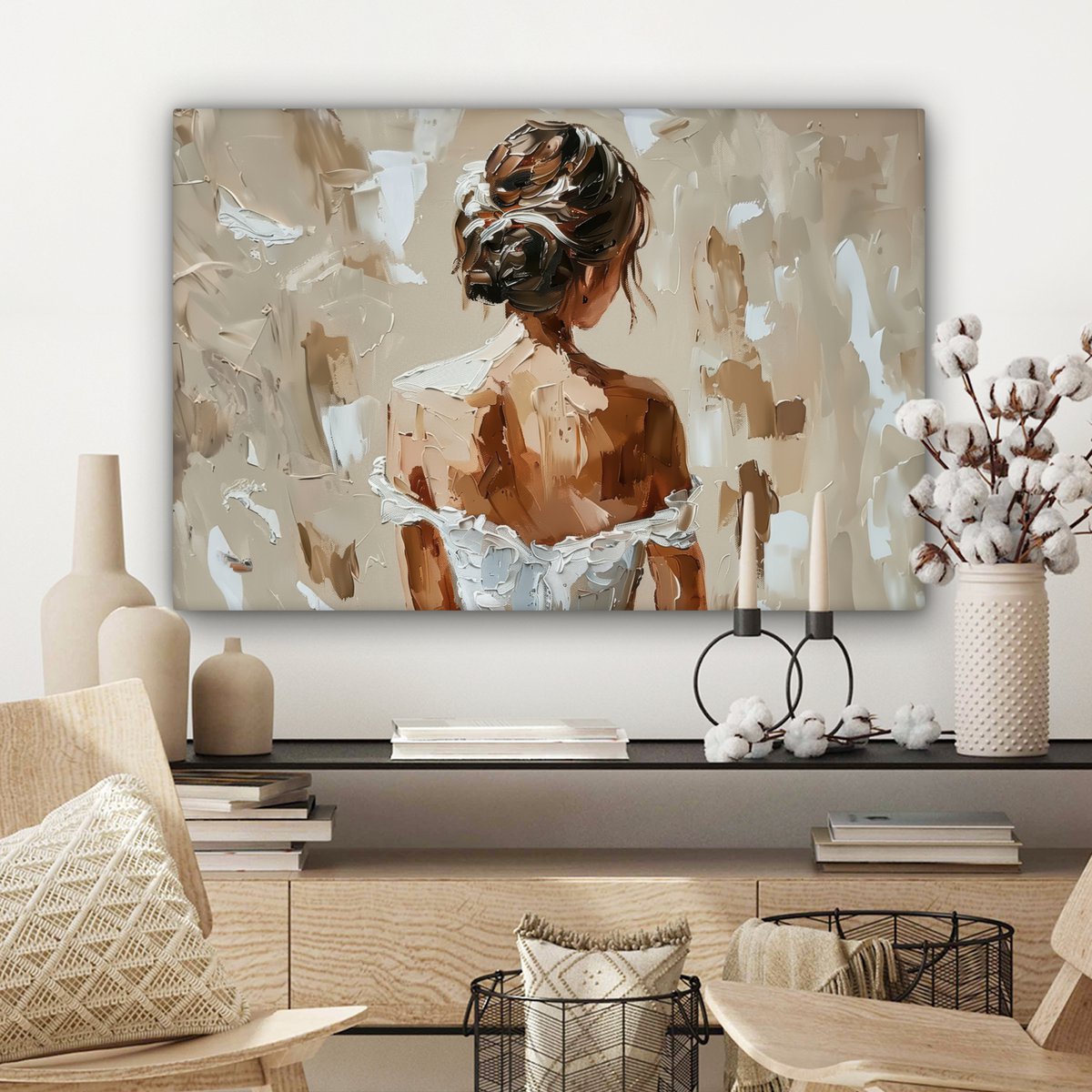Canvas schilderij  - Wanddecoratie - Bloemen - Vaas - Stilleven - Beige