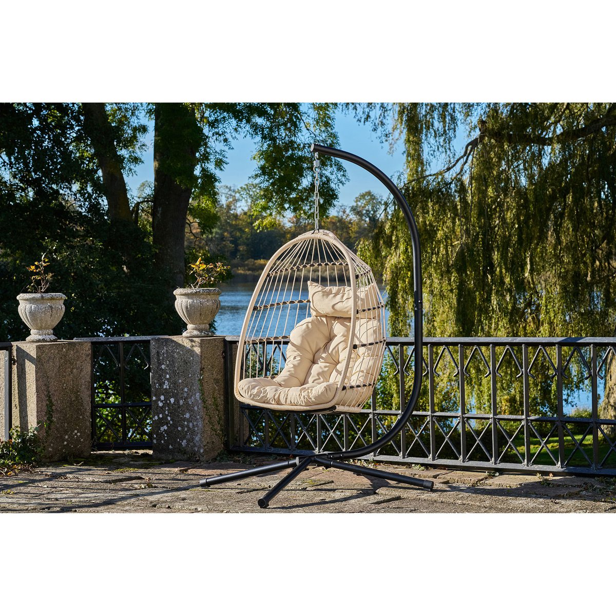 Patras Hanging chair, steel stand, foldable seat, incl. cushions, beige/grey/black