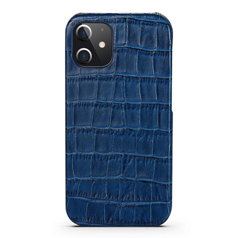 iPhone 12 Pro Hoesje Van Donkerblauw Leer Met Kroko Print