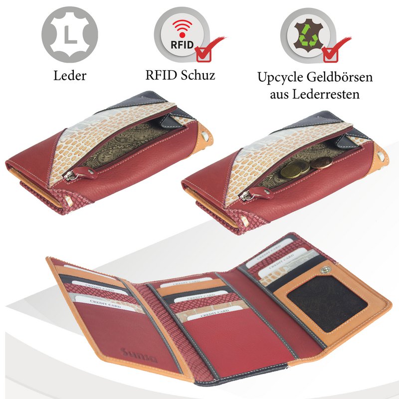 Sunsa women's wallet. leather purse. Wallet with RFID protection. Sustainable wallet made from leather scraps. Large women's wallet with many credit card compartments - wallet/purses for women the best gift idea.