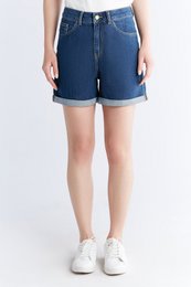  Women's denim mom shorts in a lapis blue color, featuring a high-waisted silhouette and a relaxed, comfortable fit.