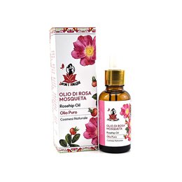 Rosehip oil in amber glass bottle with pink rose flower packaging, natural skincare product.