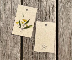 5 x cadeau -tags | Gele bloemen |  5 Set op graspapier | 85 x 55 mm
