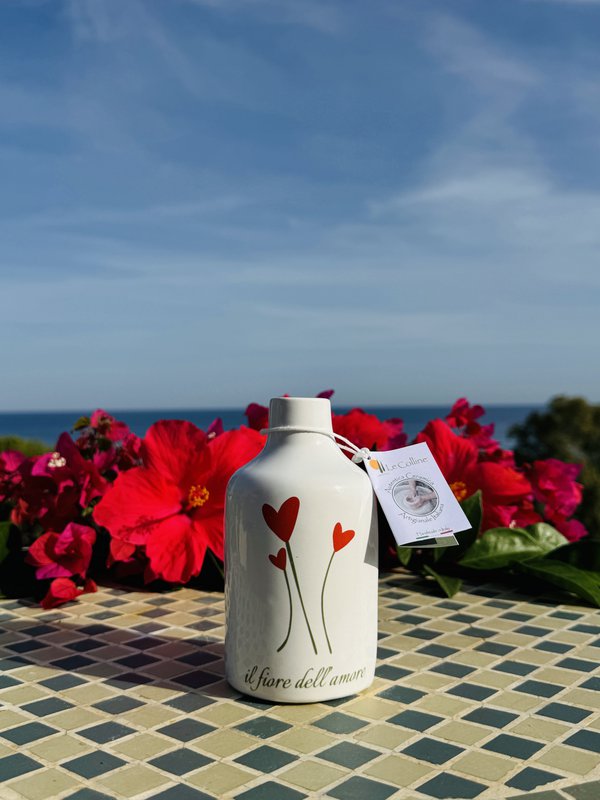 Handgemachte Ölflasche Ölspender Ölkännchen Keramikflasche mit Grafik für Olivenöl & Essig aus Italien 250ml
