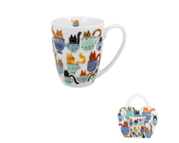  Colorful ceramic mug with infuser and whimsical cat illustrations, perfect for tea or coffee. Includes a matching gift box.
