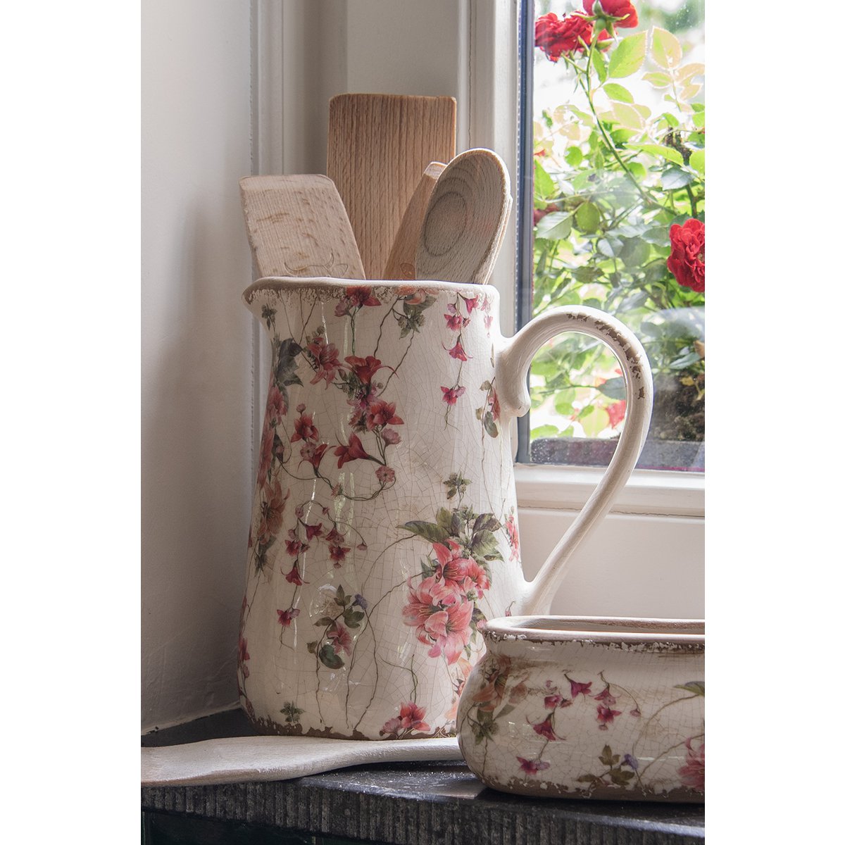 Decoratie Kan 16x11x18 cm Roze Beige Keramiek Bloemen Waterkan