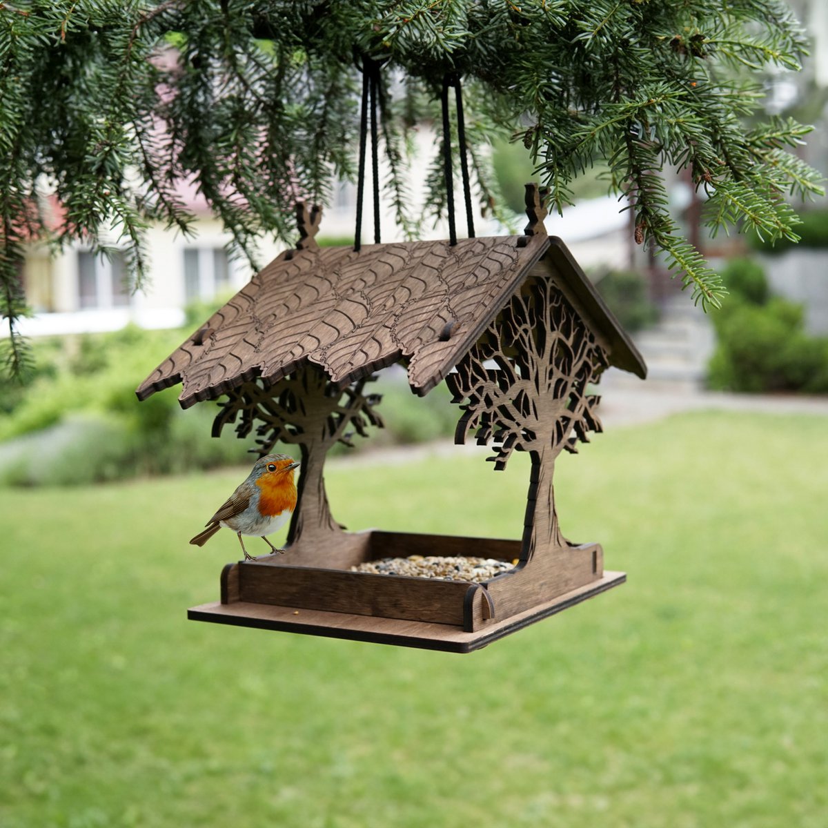 Rustieke houten vogelvoeder, hangende decor voor tuinen en terrassen