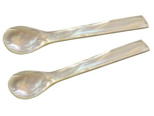 EDZARD set van 2 paarlemoeren lepels kaviaarlepels eierlepels, rechte hoeken, lengte 11 cm