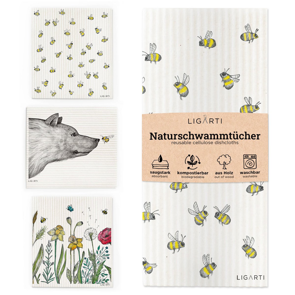 Sponge cloth set of 3 - bees and flowers