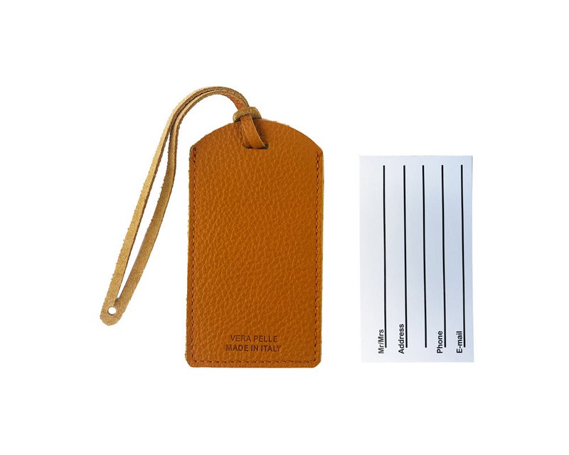 K0041LRB | Hergestellt in Italien, zweifarbiger Gepäckanhänger aus echtem Vollnarbenleder, genarbter Dollar – Orange/Gelb – Maße: 6,5 x 12 cm – Verpackung: stabiler Boden/Deckel in Geschenkbox