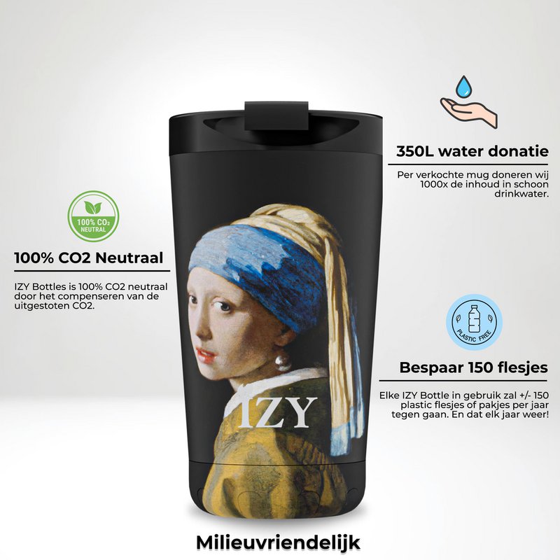 IZY Mug, Girl with the Pearl Earring, 350ml, giftbox - Thermische beker | reisbeker | Afsluitbare mug voor hete of koude dranken | isoleerbeker | Thermos | Mug